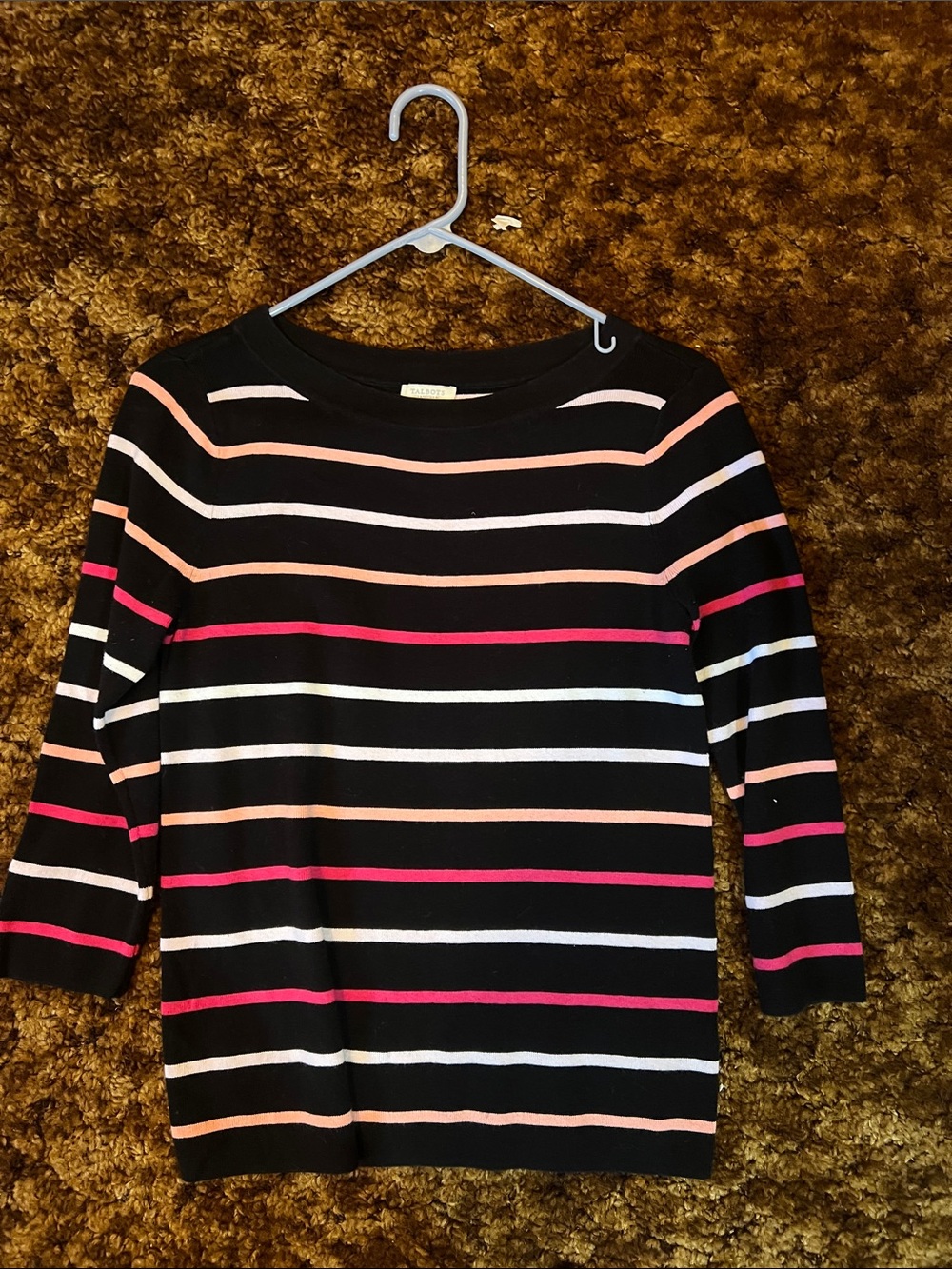 Talbots Black Crewneck Sweater with Pink and White Stripes